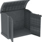 Duramax Storeaway Arc Lid 1200L Gray garden shed with open doors for outdoor storage of tools and equipment.