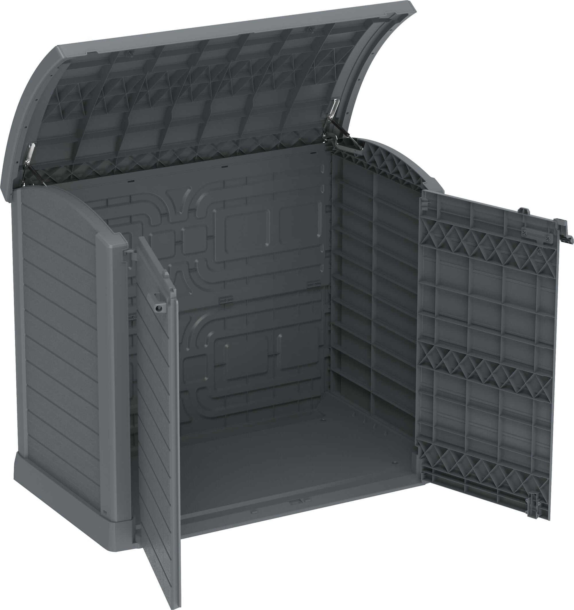 Duramax Storeaway Arc Lid 1200L Gray garden shed with open doors for outdoor storage of tools and equipment.