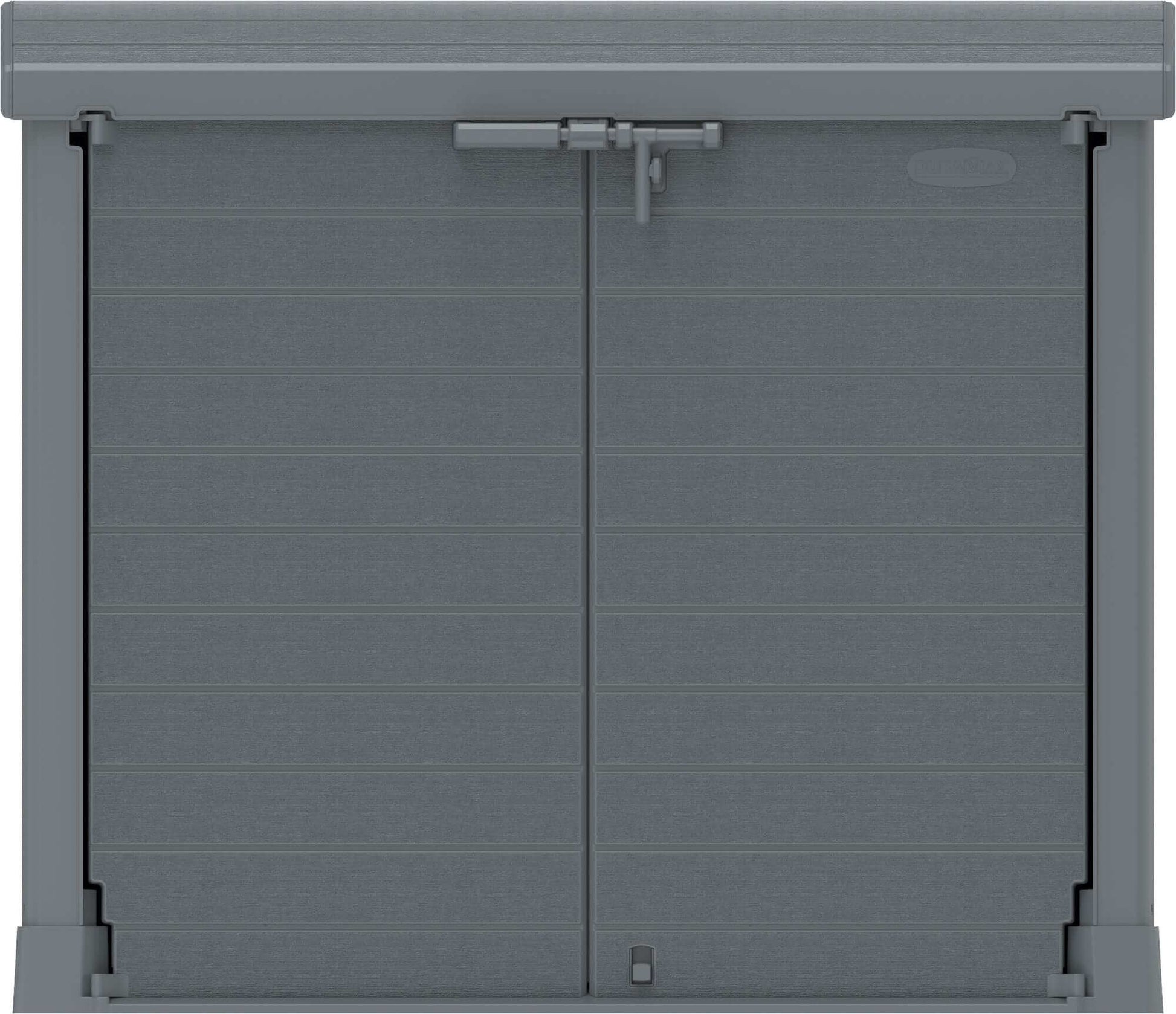 Duramax Storeaway Arc Lid 1200L gray shed with double doors and lock, ideal for outdoor storage of gardening tools and equipment.