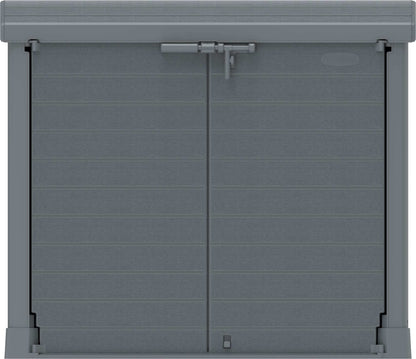 Duramax Storeaway Arc Lid 1200L gray shed with double doors and lock, ideal for outdoor storage of gardening tools and equipment.