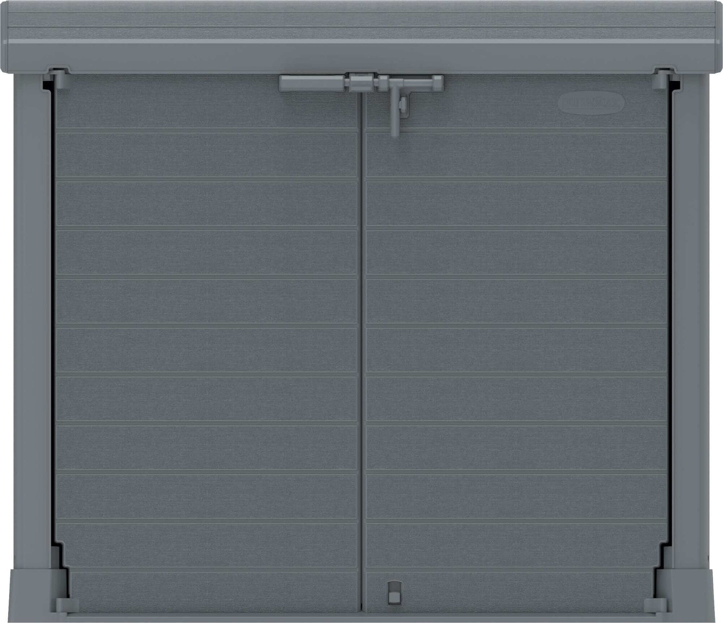 Duramax Storeaway Arc Lid 1200L gray shed with double doors and lock, ideal for outdoor storage of gardening tools and equipment.