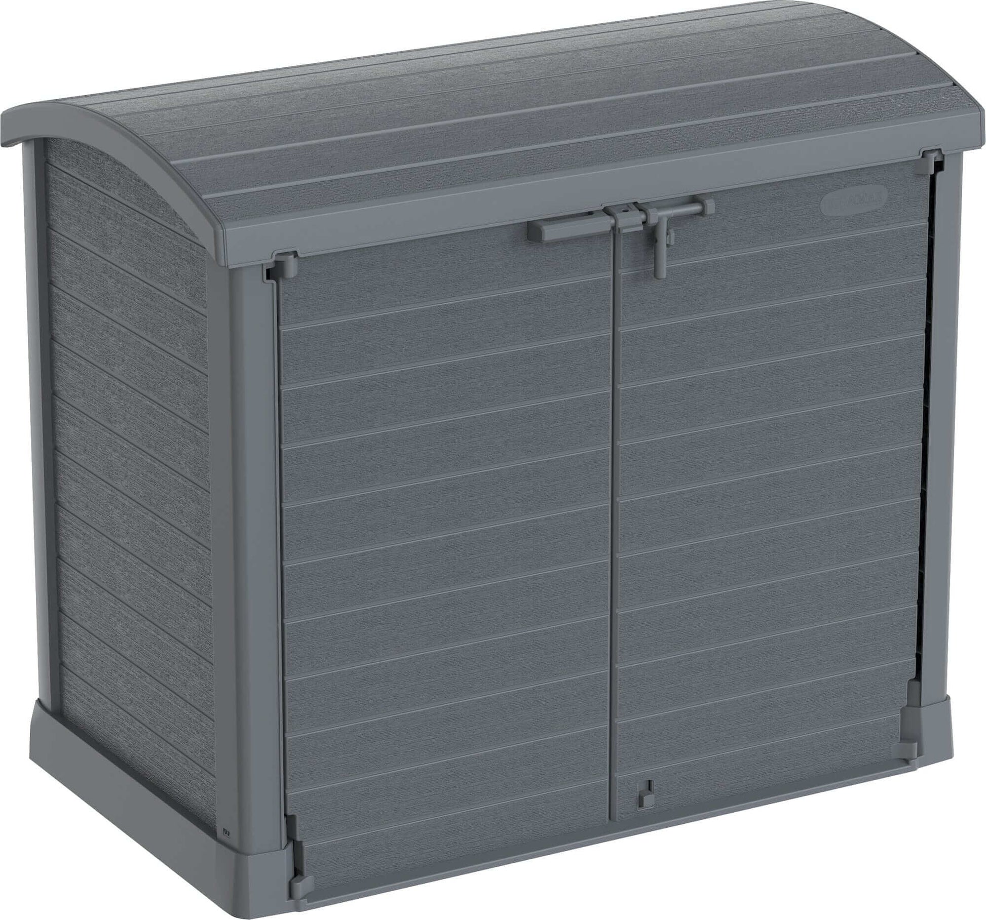 Duramax Storeaway Arc Lid 1200L gray garden shed for outdoor storage of tools and accessories.