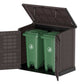 Duramax Storeaway Flat Lid garden storage solution with two green trash bins inside.