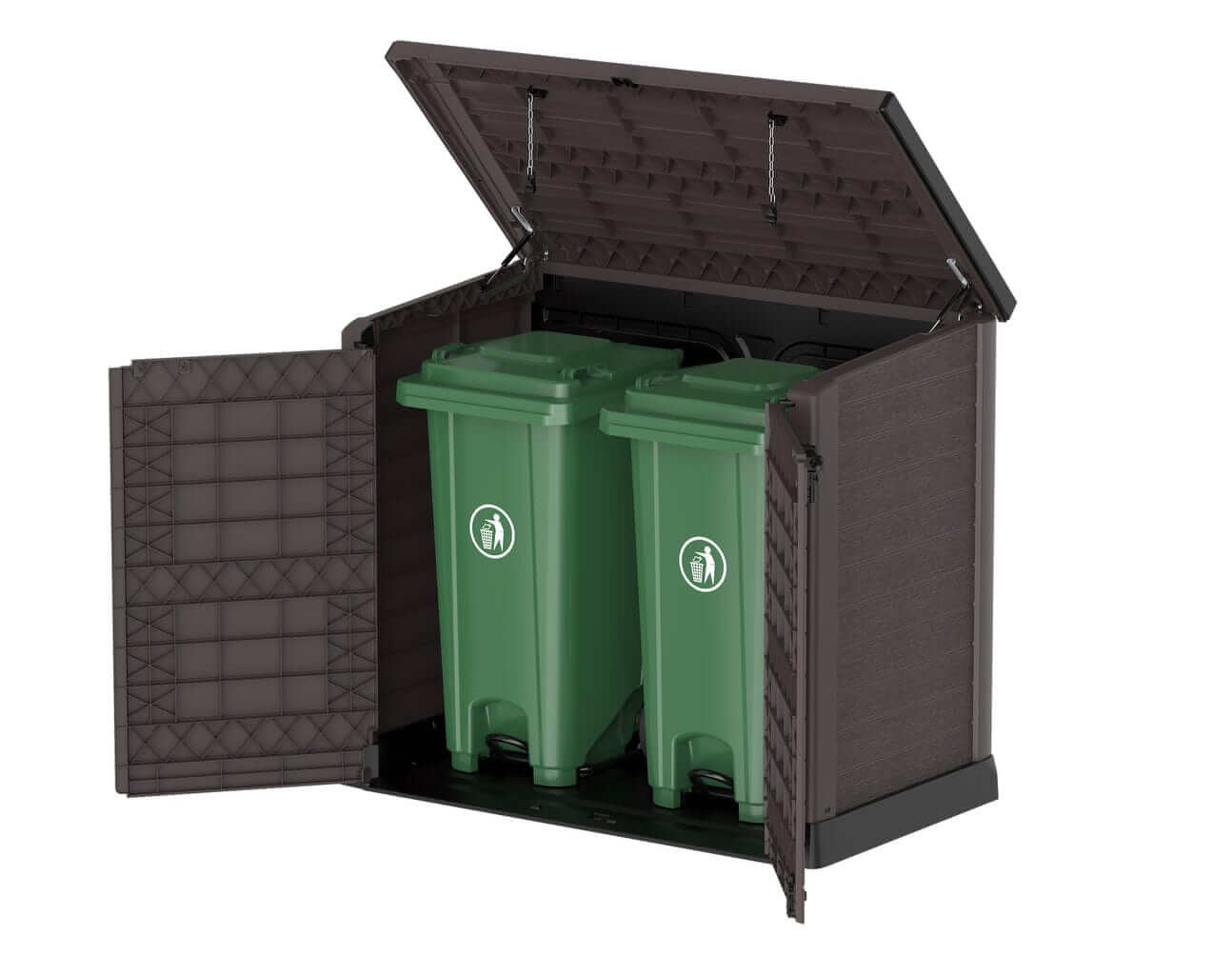 Duramax Storeaway Flat Lid garden storage solution with two green trash bins inside.