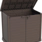 Duramax Storeaway Flat Lid 1200L garden storage shed in brown with an open lid for outdoor tool organization.