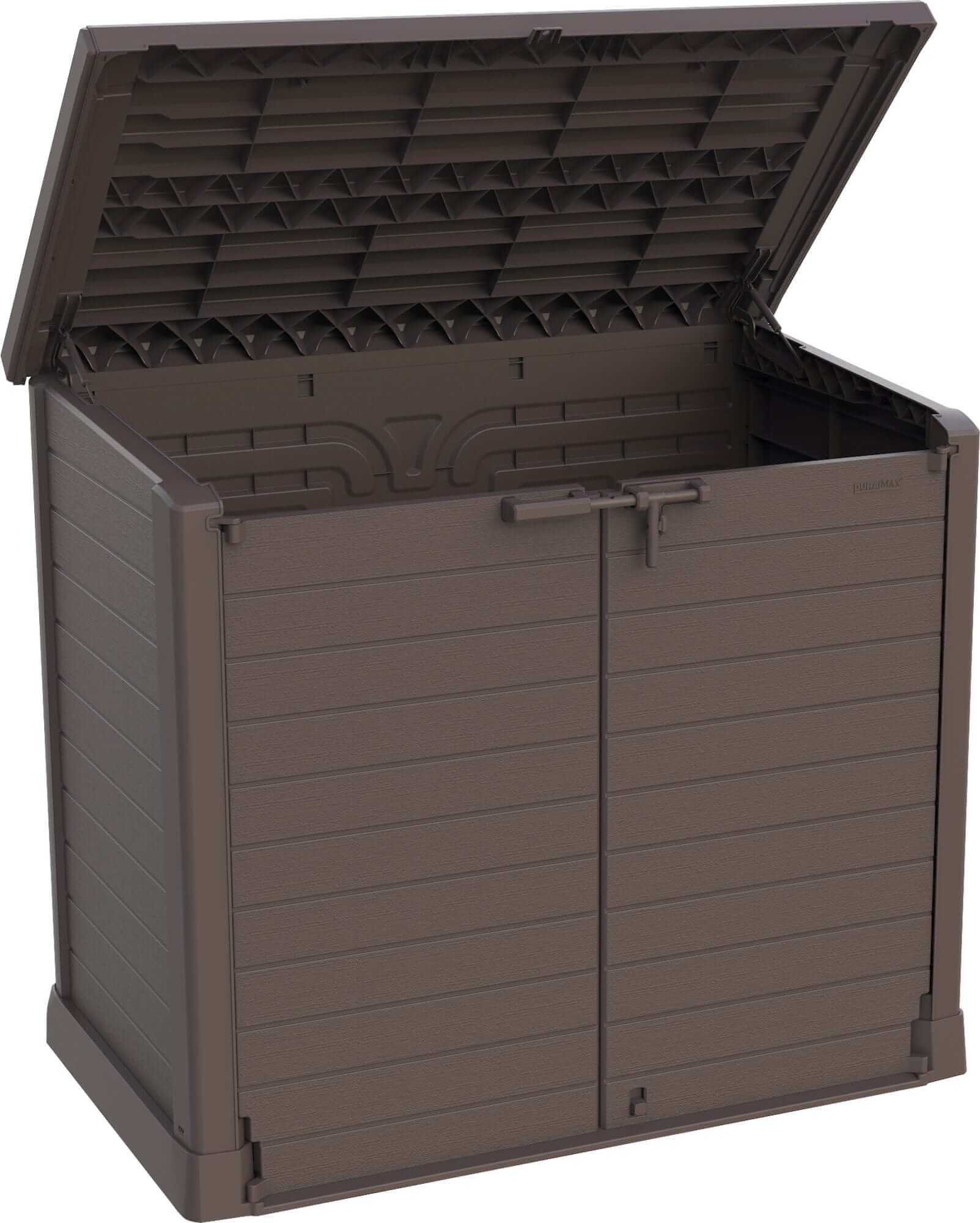 Duramax Storeaway Flat Lid 1200L garden storage shed in brown with an open lid for outdoor tool organization.