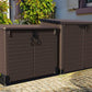 Duramax Storeaway Flat Lid 1200L Brown storage sheds in a garden setting, ideal for outdoor storage solutions.