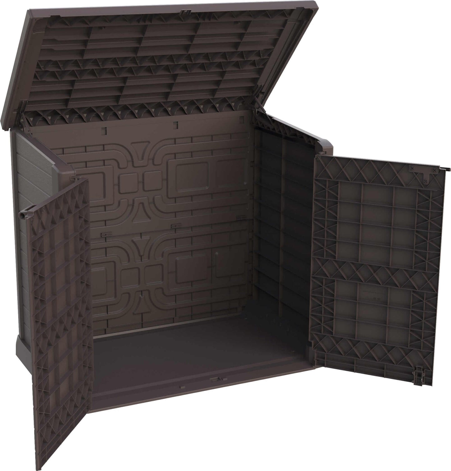 Duramax Storeaway Flat Lid 1200L brown storage shed with open lid and doors, ideal for outdoor storage of tools and equipment.