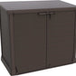 Duramax Storeaway Flat Lid 1200L Brown shed for outdoor storage, ideal for gardening tools and BBQ essentials.