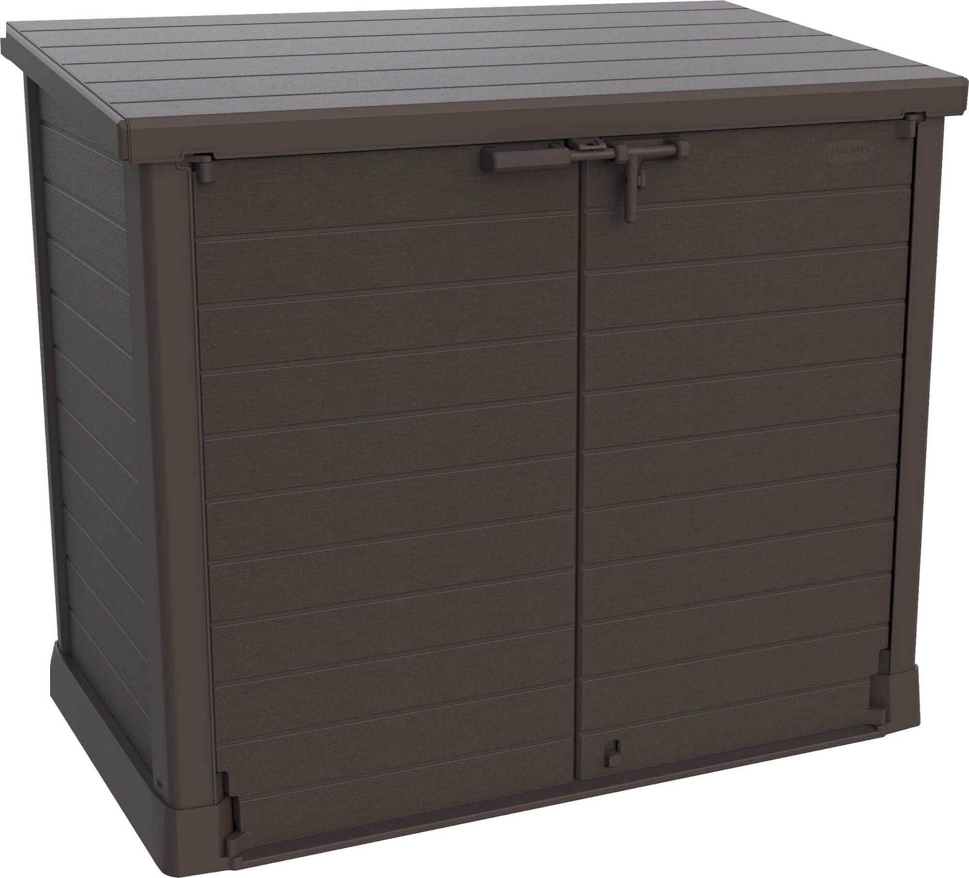 Duramax Storeaway Flat Lid 1200L Brown shed for outdoor storage, ideal for gardening tools and BBQ essentials.