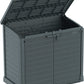 Duramax Storeaway Flat Lid 1200L Gray storage shed with open lid for outdoor storage solutions.