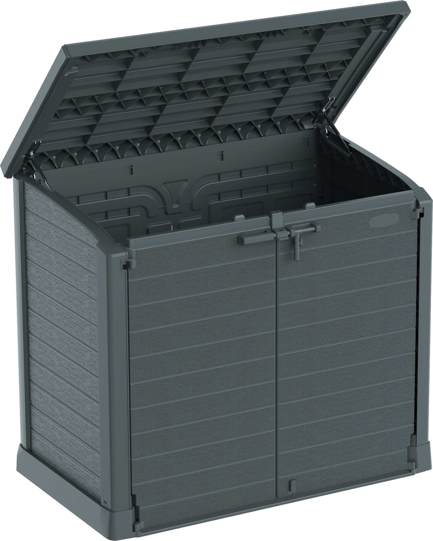 Duramax Storeaway Flat Lid 1200L Gray storage shed with open lid for outdoor storage solutions.