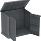 Duramax Storeaway Flat Lid 1200L gray outdoor storage shed with open lid and doors for garden tools and equipment.