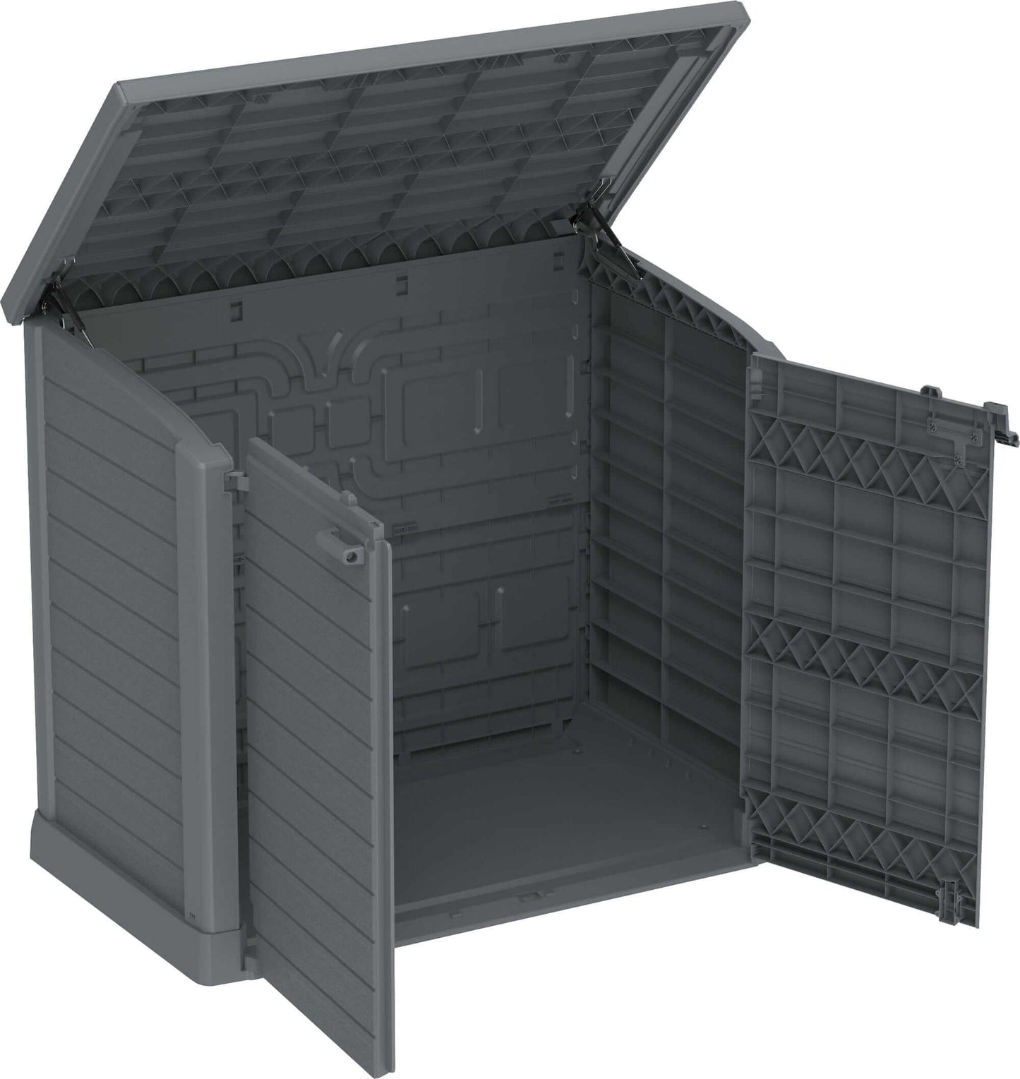 Duramax Storeaway Flat Lid 1200L gray outdoor storage shed with open lid and doors for garden tools and equipment.