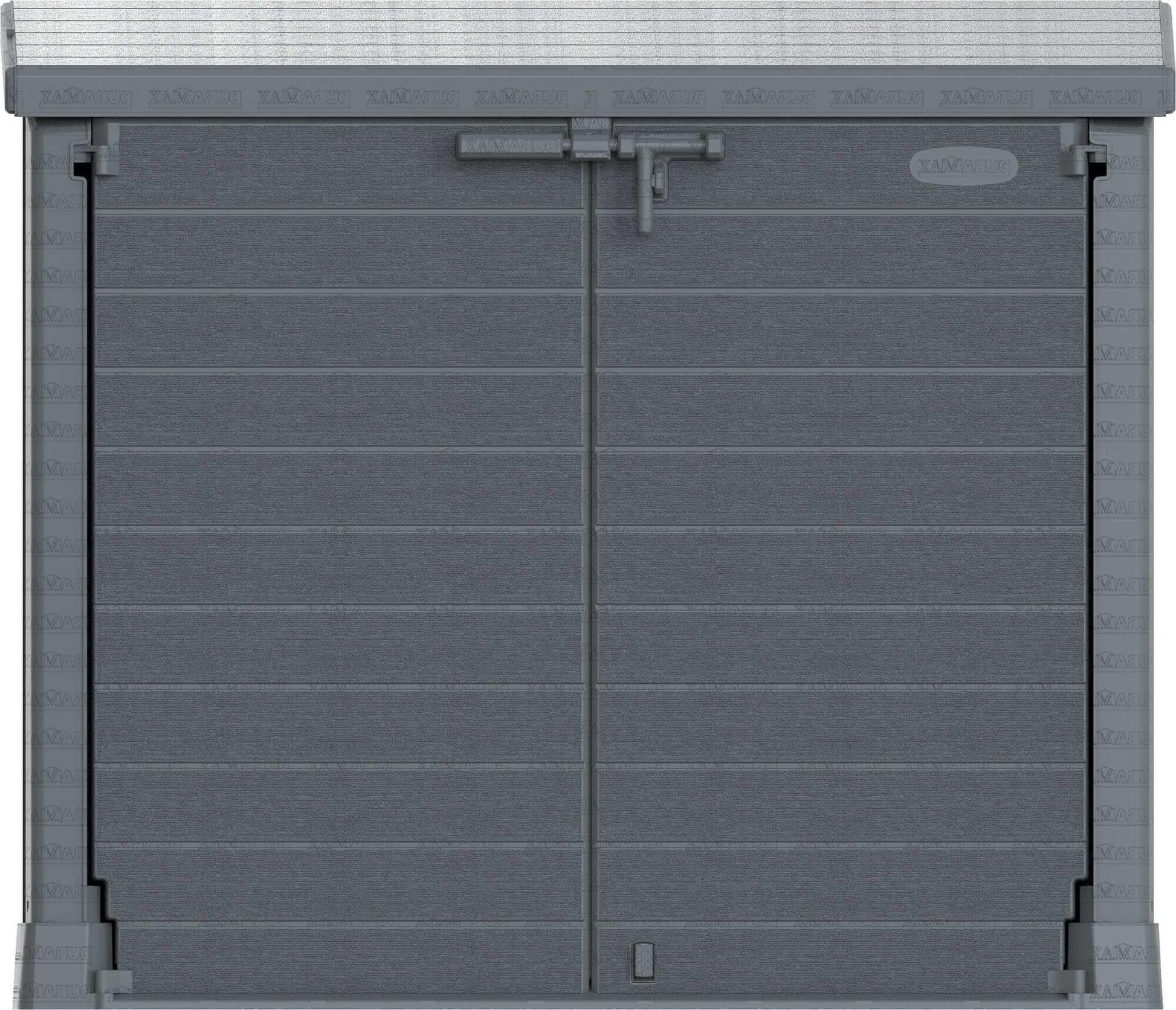 Duramax Storeaway Flat Lid 1200L Gray storage shed designed for outdoor tools and equipment, featuring durable plastic construction.