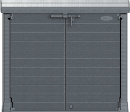 Duramax Storeaway Flat Lid 1200L Gray storage shed designed for outdoor tools and equipment, featuring durable plastic construction.