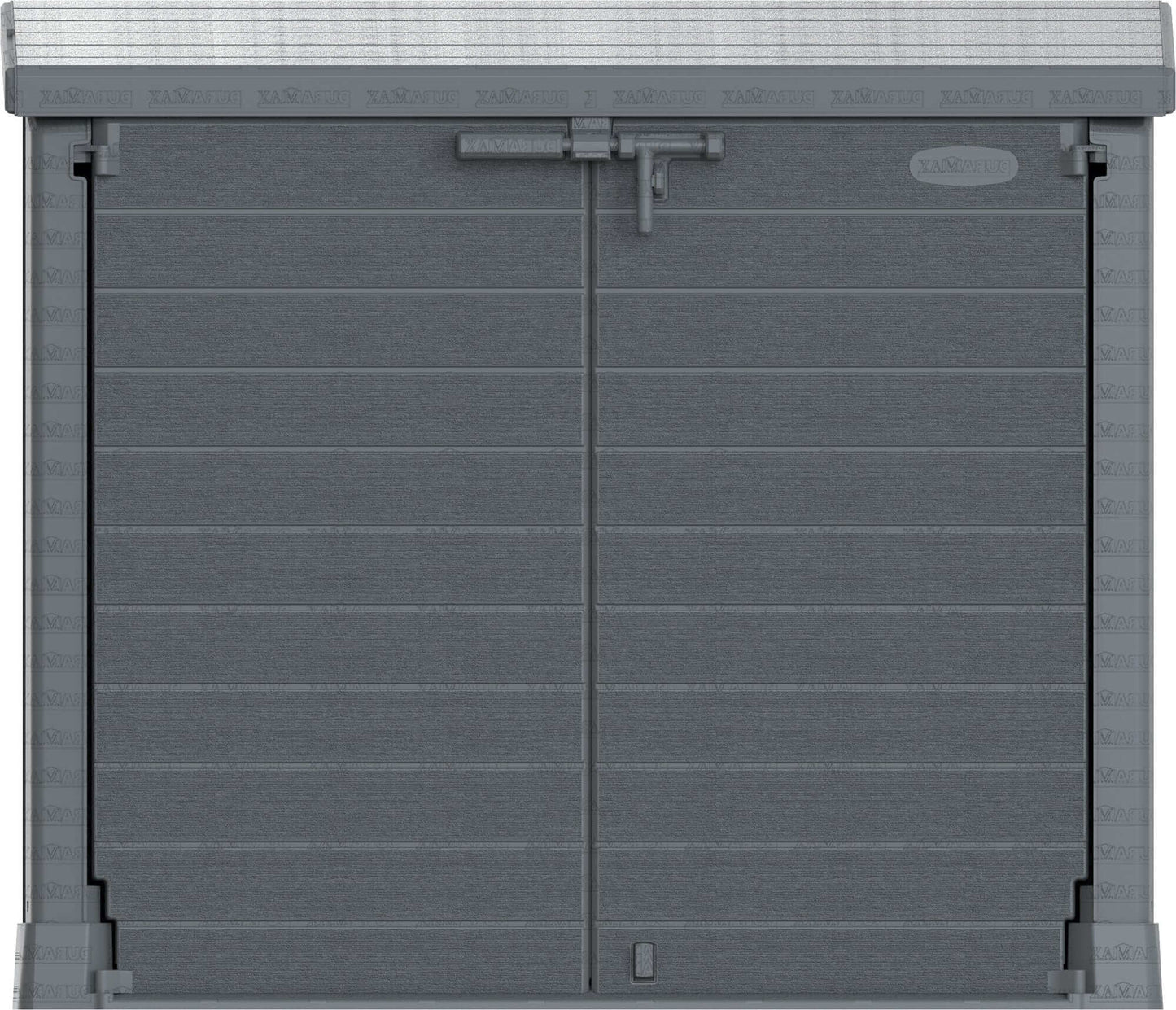 Duramax Storeaway Flat Lid 1200L Gray storage shed designed for outdoor tools and equipment, featuring durable plastic construction.