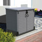 Duramax Storeaway Flat Lid 1200L Gray outdoor storage shed with double doors on a pathway.