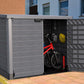 Duramax Storeaway Flat Lid 1200L Gray shed with bicycle and helmet stored inside.