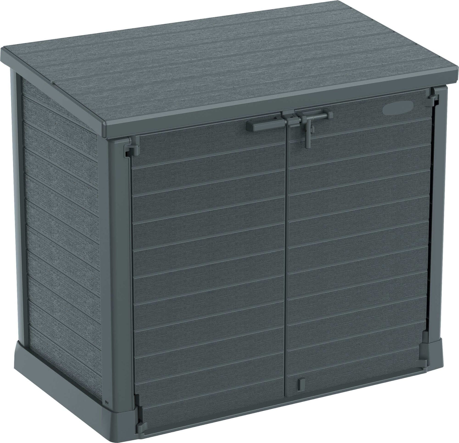 Duramax Storeaway Flat Lid 1200L Gray 86630 outdoor storage shed for garden tools and equipment.