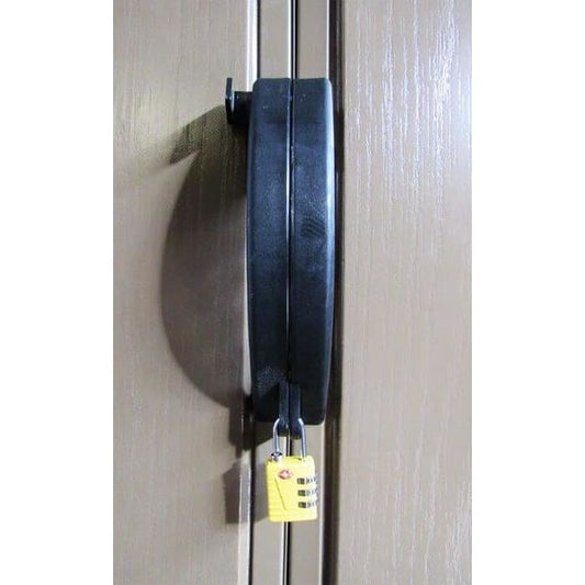 Duramax TSA Lightweight Combination Lock in use on a door handle, showcasing its weatherproof design and security features. 