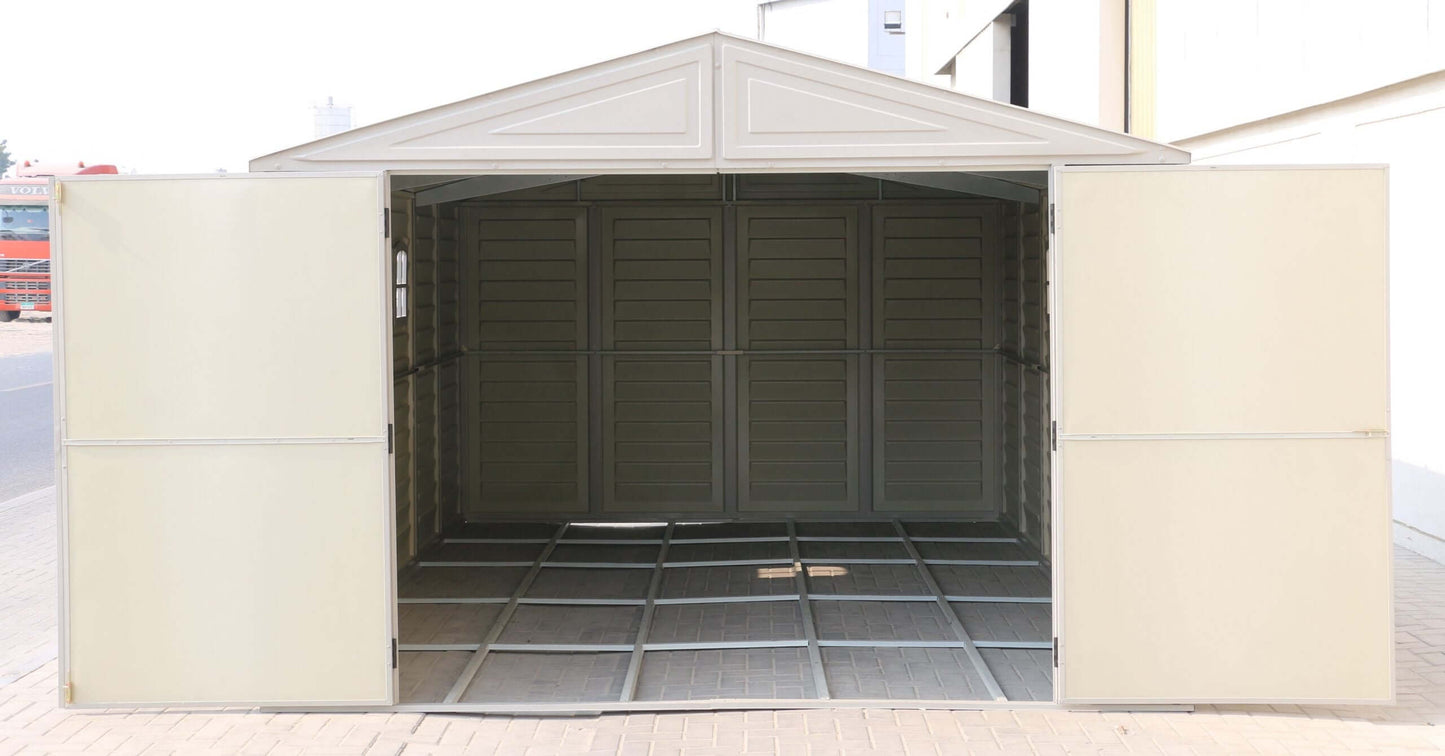 Duramax Vinyl Garage 10.5 x 15 with foundation, spacious interior and durable design for storage solutions.