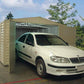 Duramax vinyl garage 10.5 x 26 with a white car parked inside, featuring open doors and a scenic background.