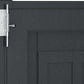 Close-up of a dark vinyl shed door with a metallic latch, emphasizing durability and security.