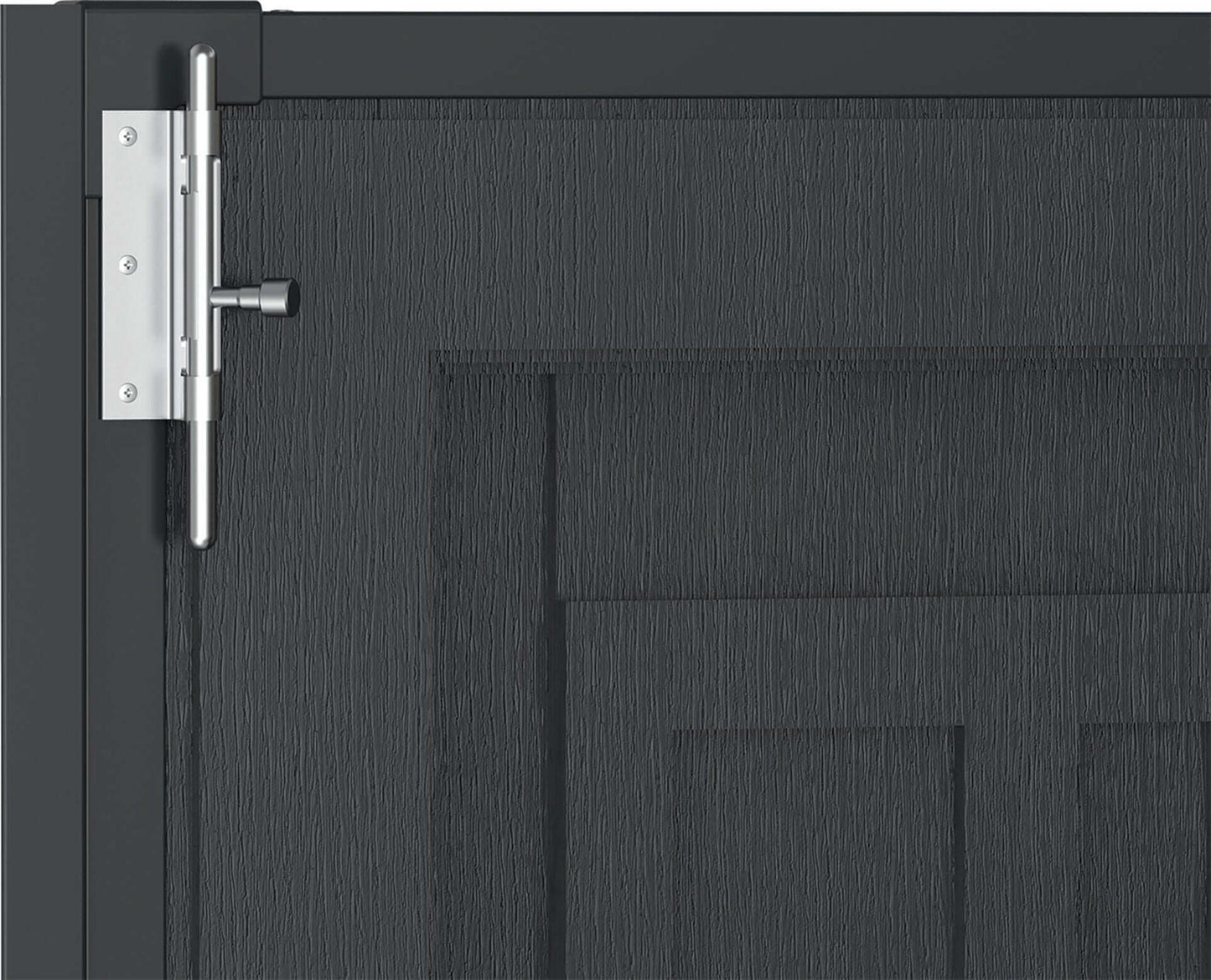 Close-up of a dark vinyl shed door with a metallic latch, emphasizing durability and security.