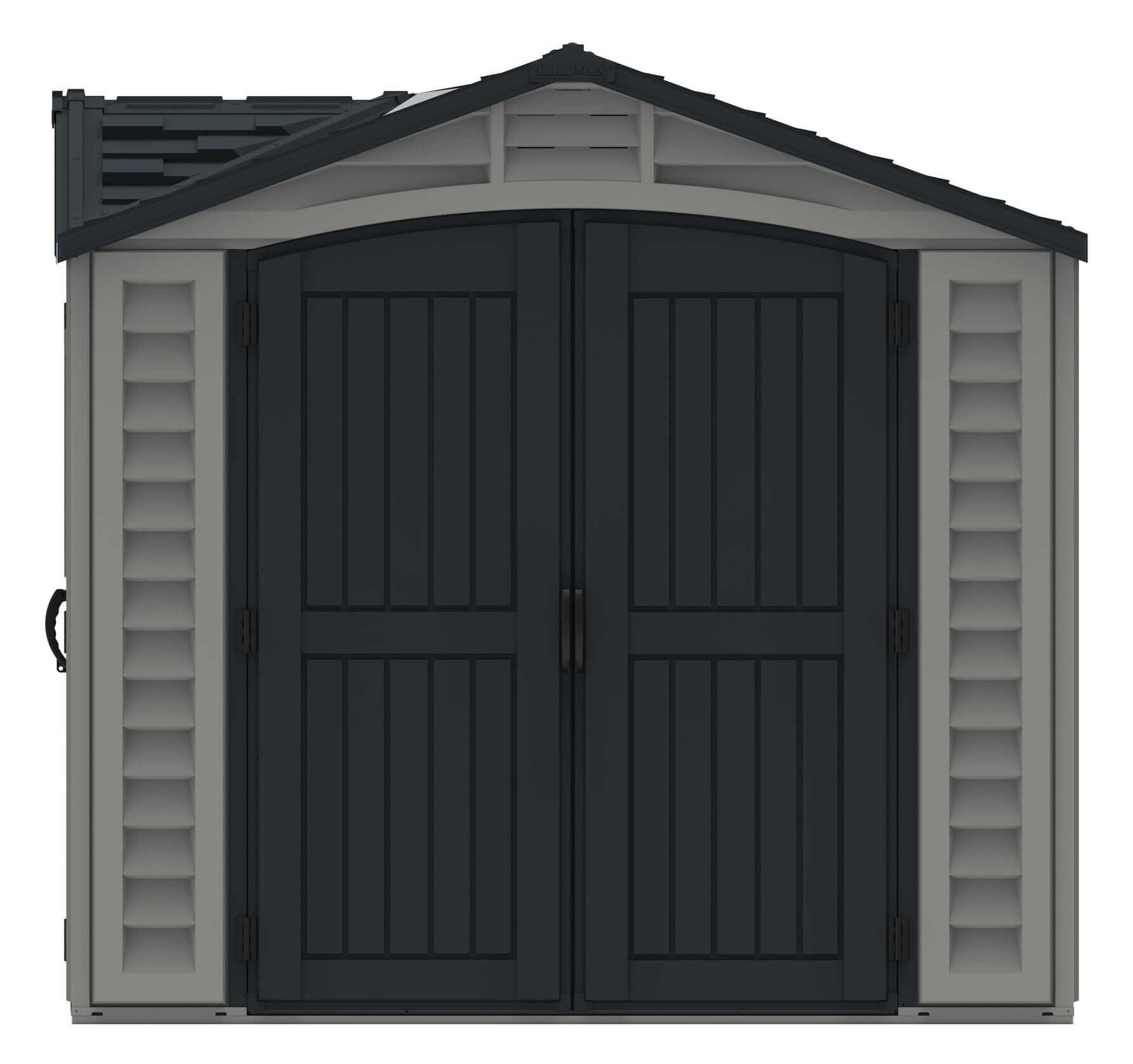 Duramax Vinyl Shed 10.5 x 8 Apex Pro with double doors and a sloped roof for easy storage access.