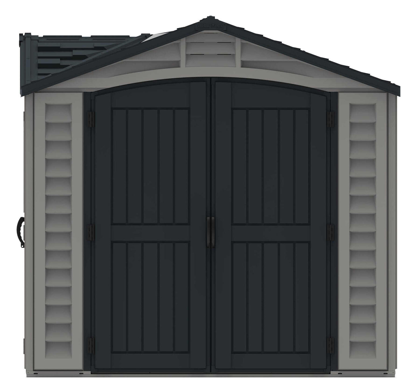 Duramax Vinyl Shed 10.5 x 8 Apex Pro with double doors and a sloped roof for easy storage access.