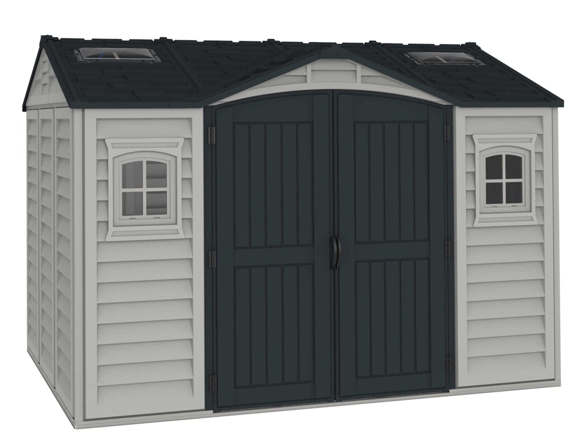 Duramax Vinyl Shed 10.5 x 8 Apex Pro with double doors and skylights for easy access and ventilation.