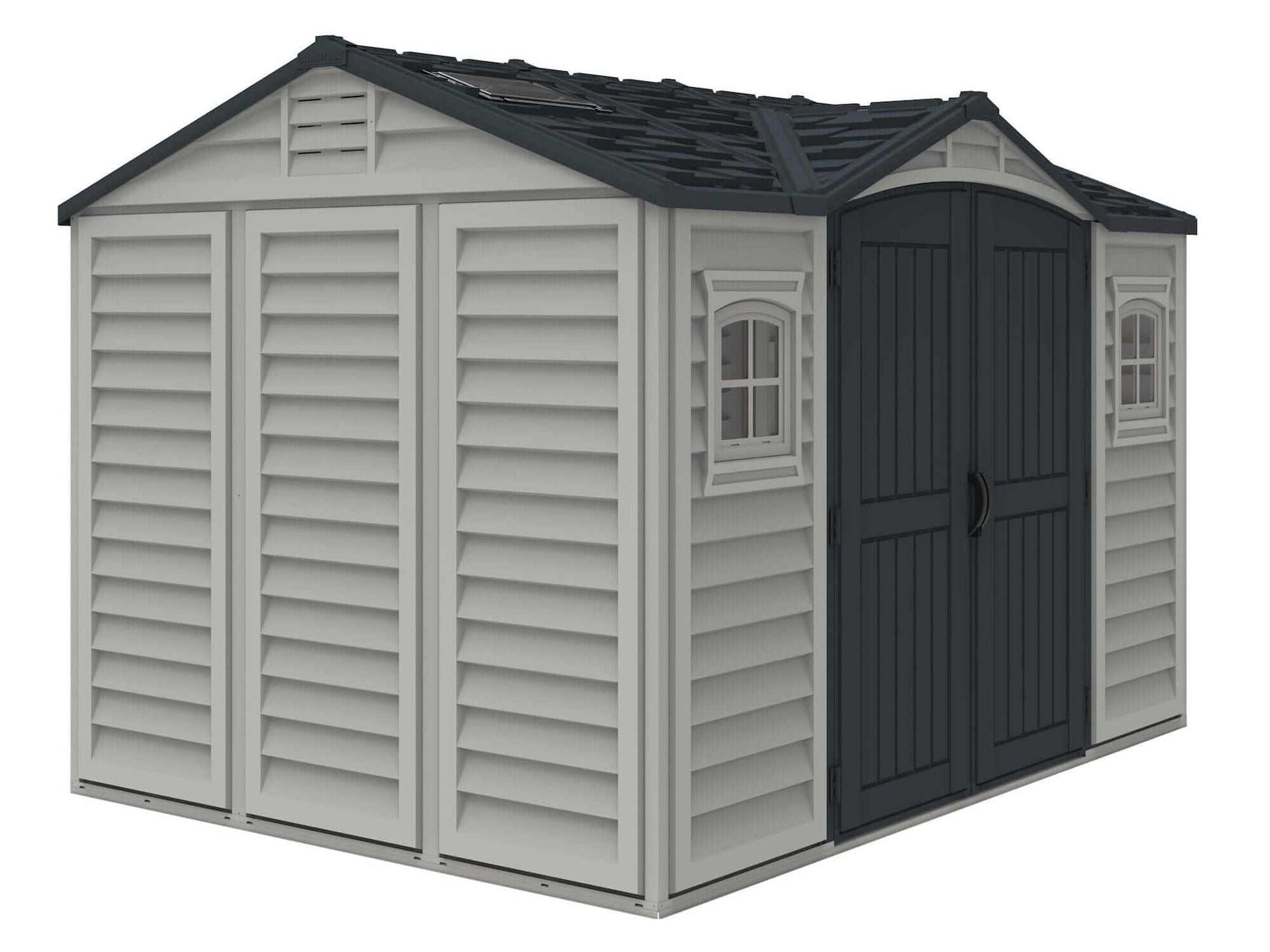 Duramax Vinyl Shed 10.5 x 8 Apex Pro with double doors and windows, perfect for outdoor storage solutions.