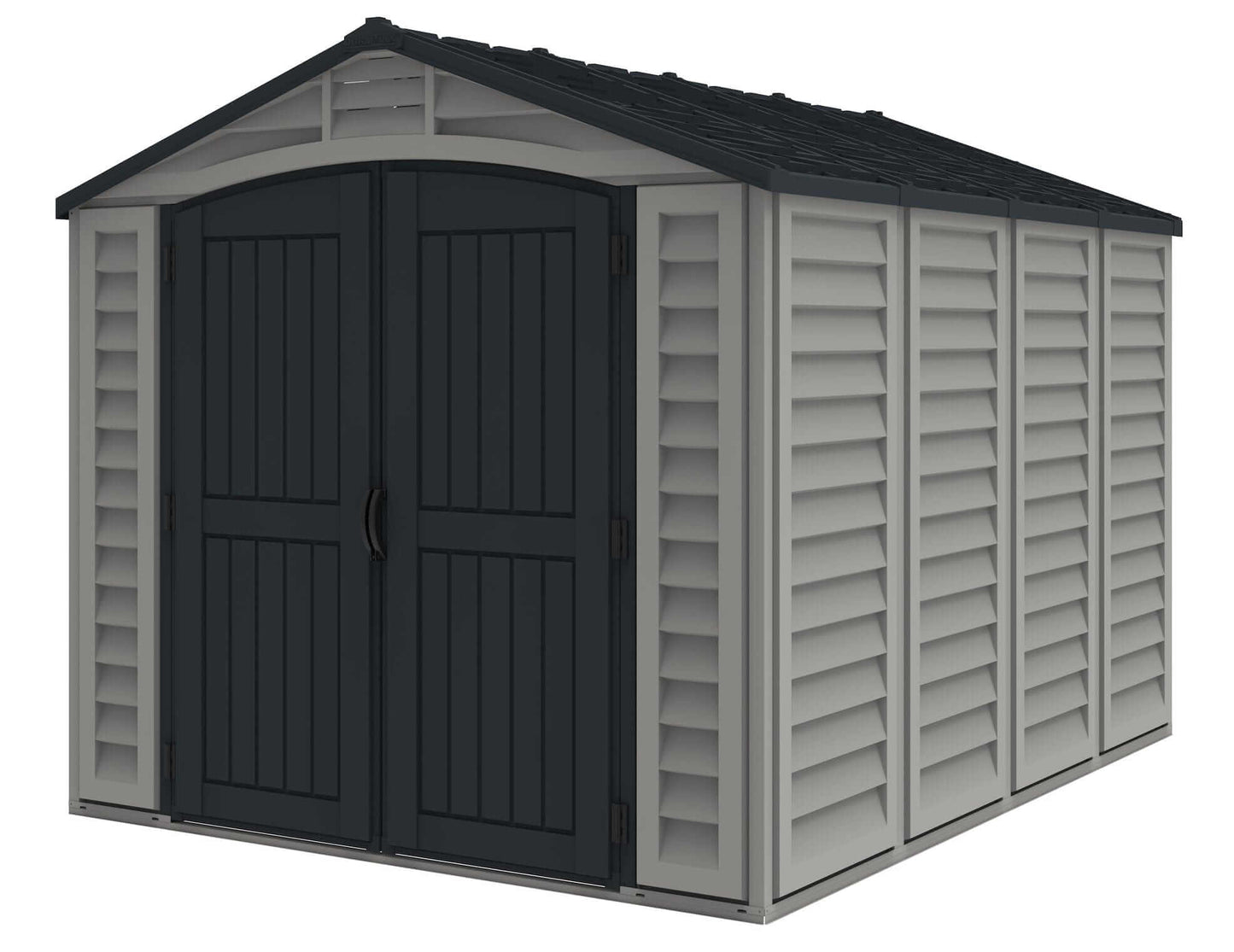 Duramax Vinyl Shed 10.5 x 8 Apex Pro with double doors and durable design for outdoor storage solutions.