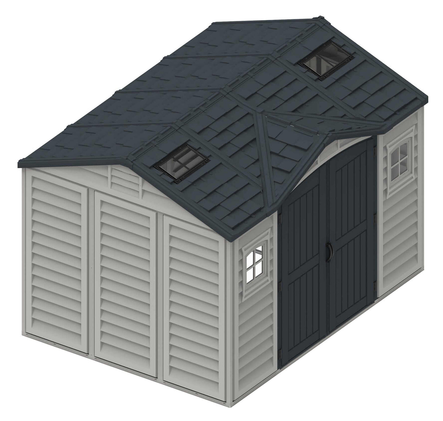 Duramax Vinyl Shed 10.5 x 8 Apex Pro with dark roof and double doors for easy access.