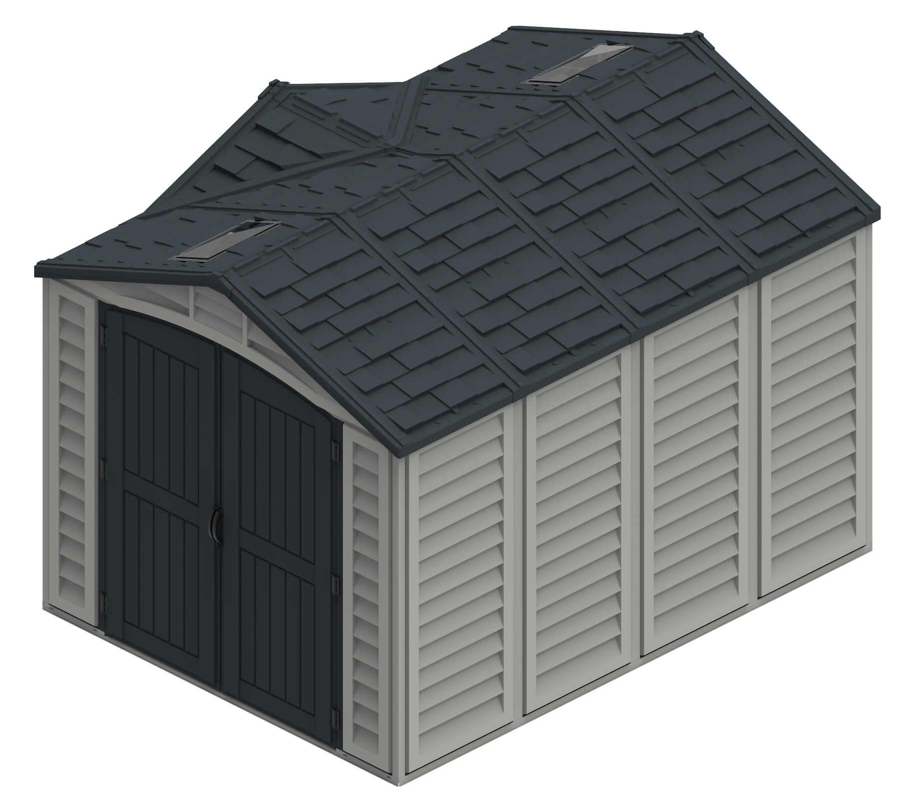 Duramax Vinyl Shed 10.5 x 8 Apex Pro with foundation, featuring a durable design and double doors for easy access.