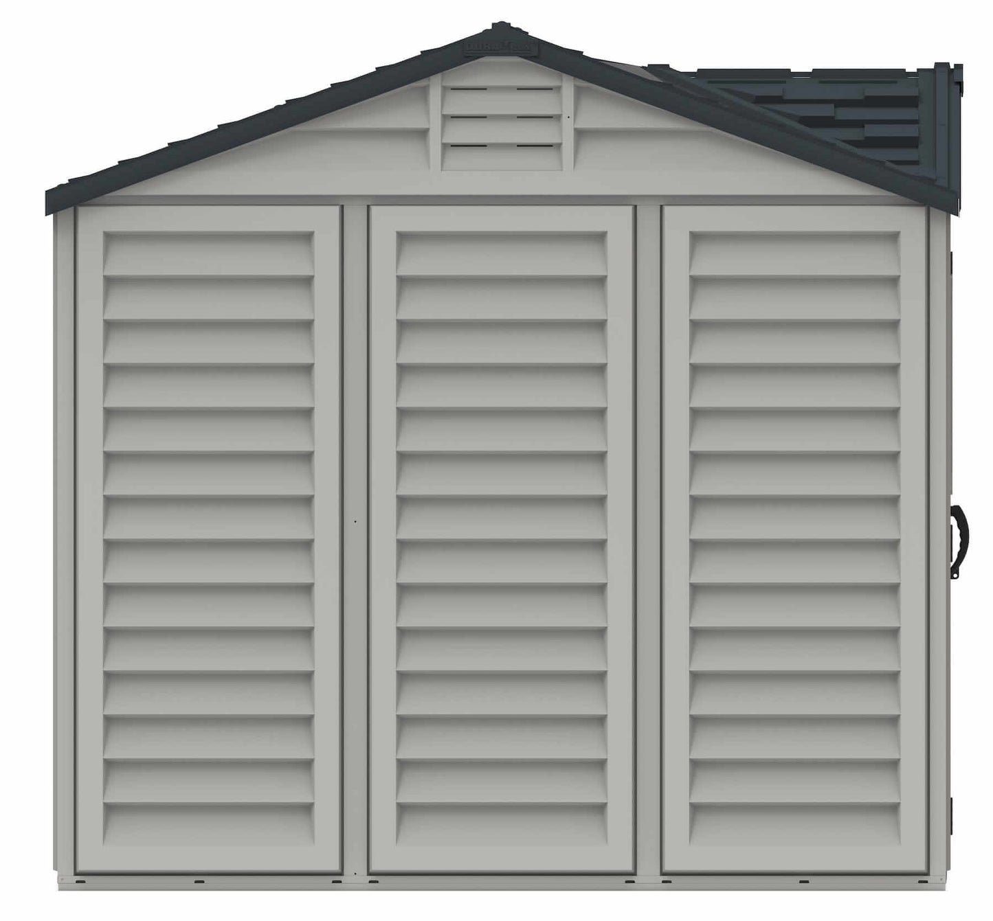 Duramax Vinyl Shed 10.5 x 8 Apex Pro with foundation and double doors for easy access.