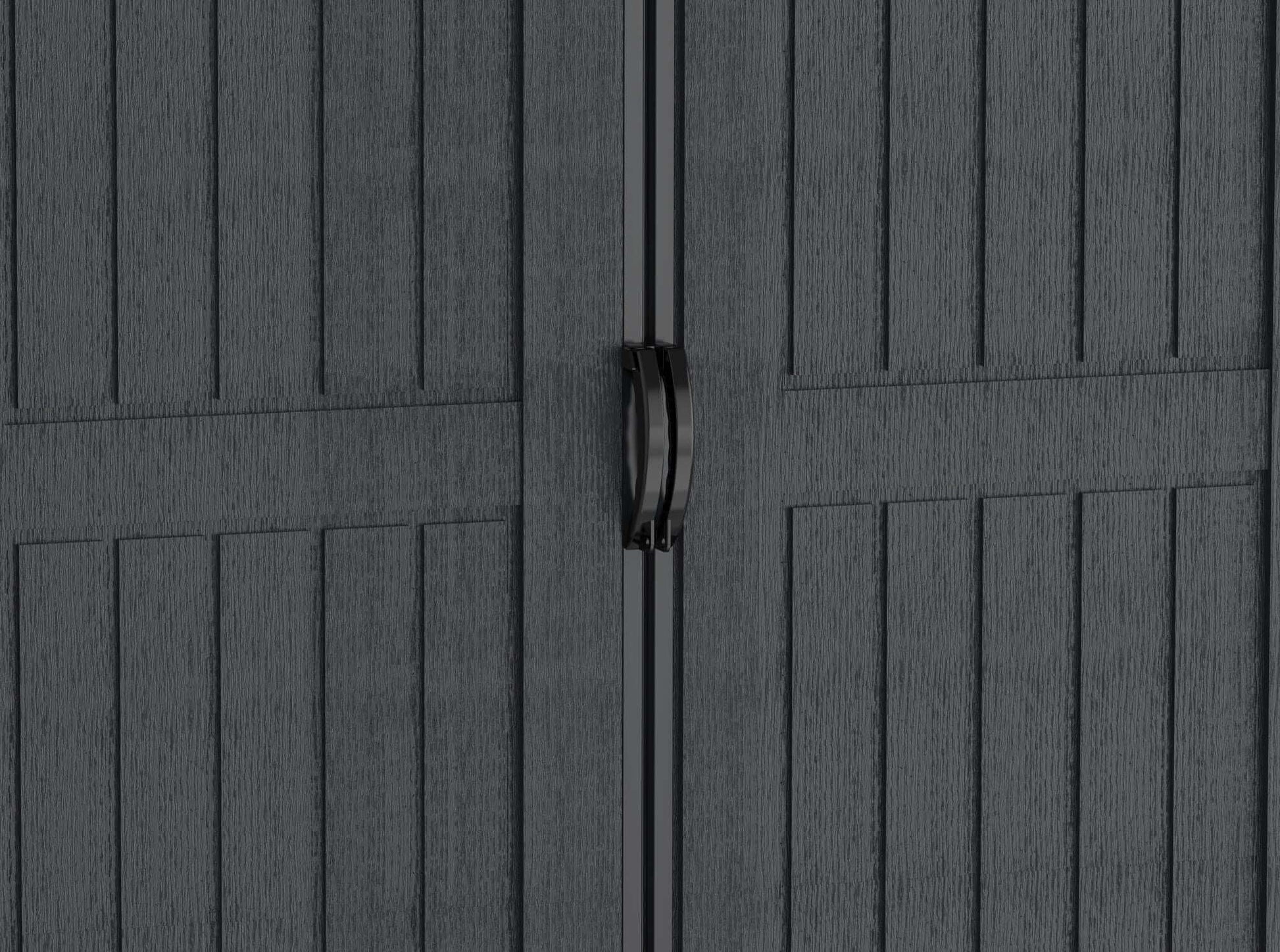 Duramax Vinyl Shed 10.5 x 8 Apex Pro black double doors detail for easy access.