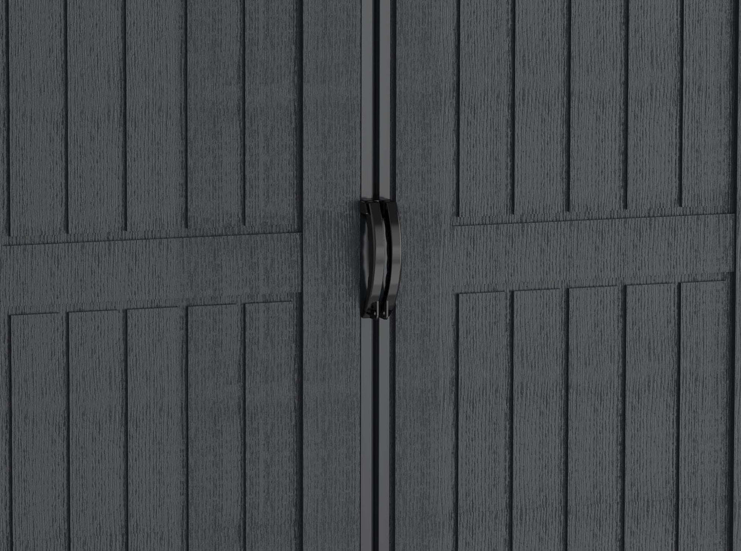 Duramax Vinyl Shed 10.5 x 8 Apex Pro black double doors detail for easy access.