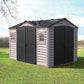 Duramax Vinyl Shed 10.5 x 8 Apex Pro with double doors on green lawn under blue sky.