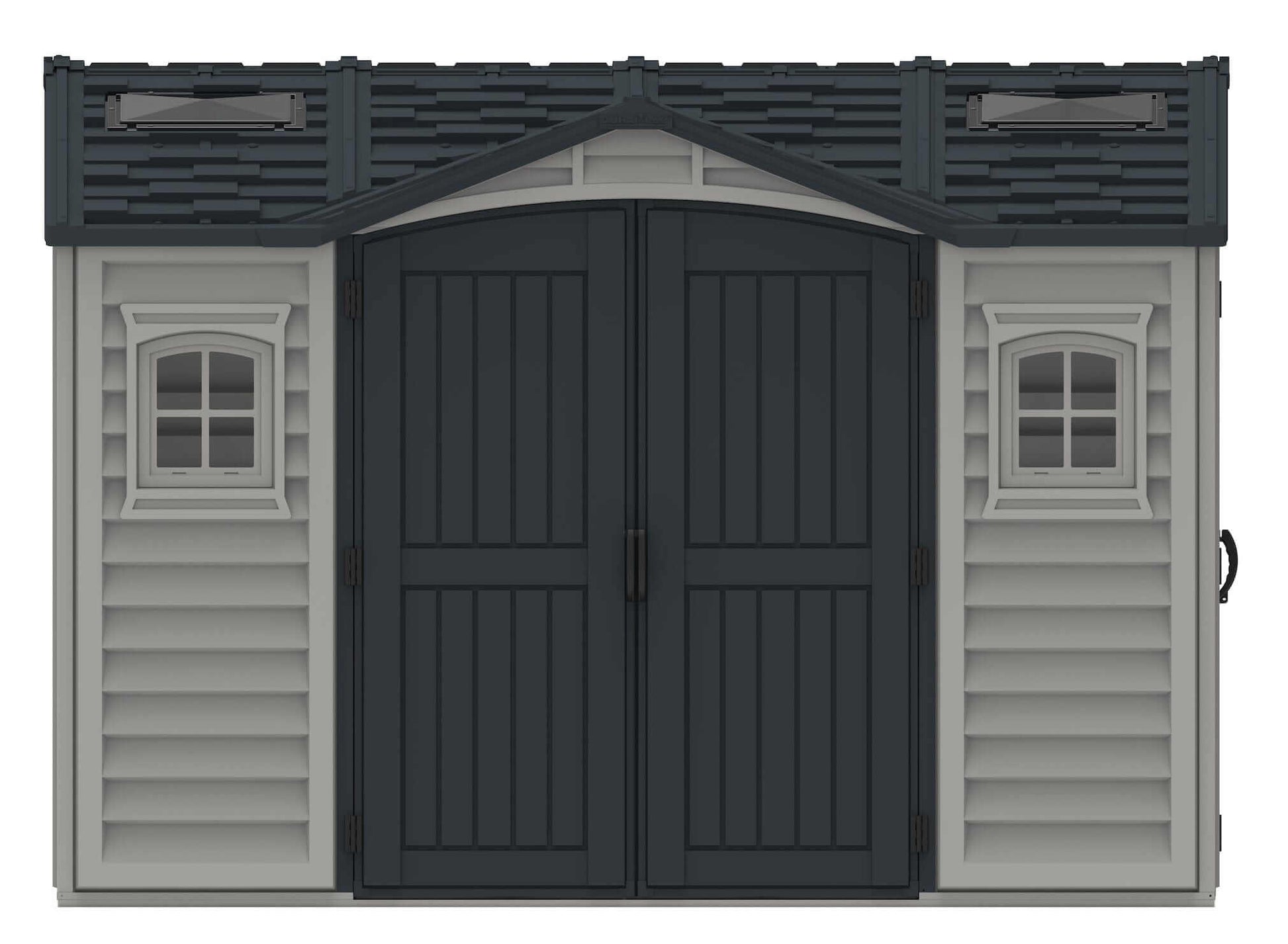 Duramax Vinyl Shed 10.5 x 8 Apex Pro with double doors and windows for easy access and storage.