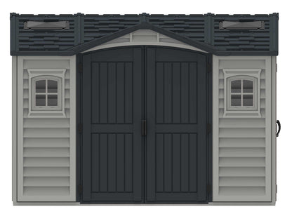 Duramax Vinyl Shed 10.5 x 8 Apex Pro with double doors and windows for easy access and storage.