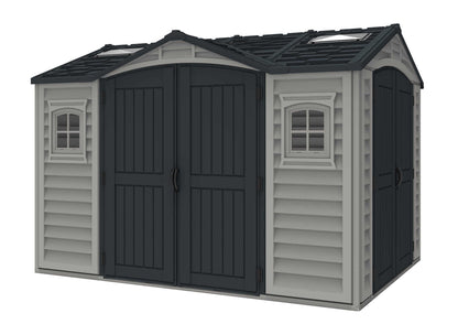 Duramax Vinyl Shed 10.5 x 8 Apex Pro with large double doors and windows for easy access and ventilation.