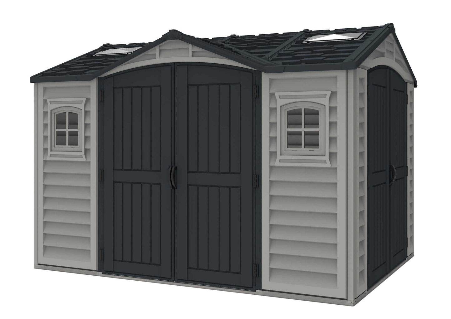 Duramax Vinyl Shed 10.5 x 8 Apex Pro with large double doors and windows for easy access and ventilation.