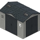 Duramax Vinyl Shed 10.5 x 8 Apex Pro with foundation, featuring double doors and roof windows for easy access.