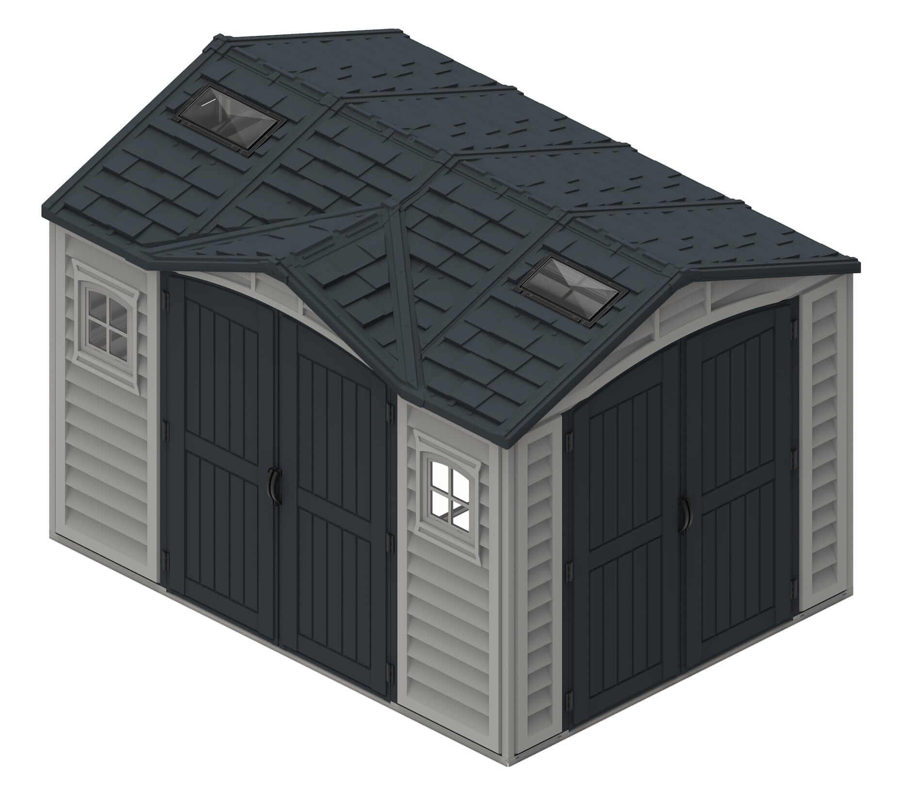 Duramax Vinyl Shed 10.5 x 8 Apex Pro with foundation, featuring double doors and roof windows for easy access.