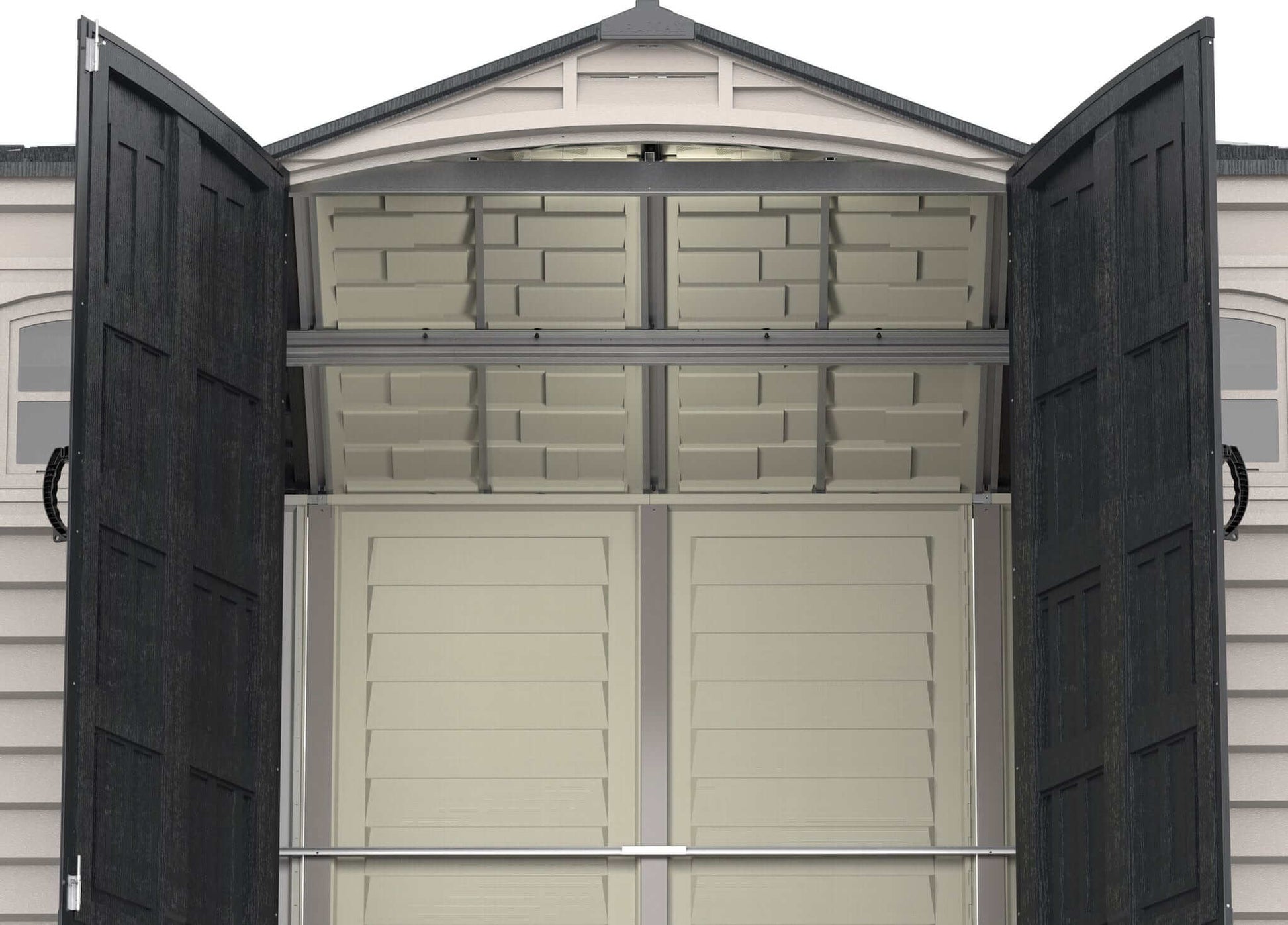 Duramax Vinyl Shed 10.5 x 8 Apex Pro with open double doors showcasing spacious interior.