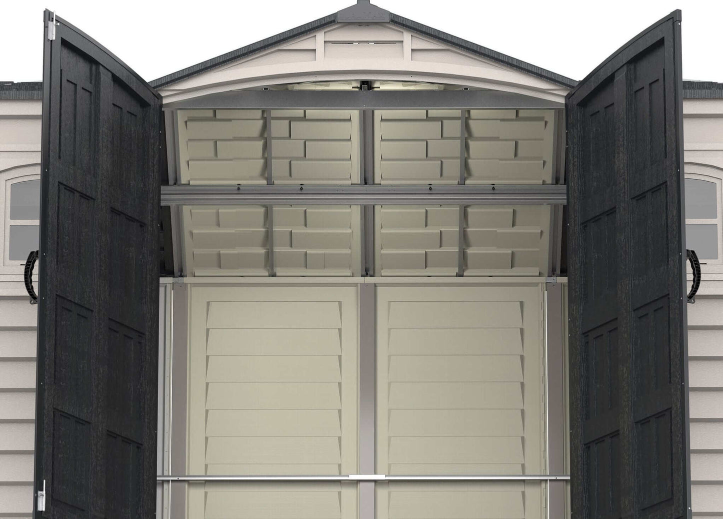 Duramax Vinyl Shed 10.5 x 8 Apex Pro with open double doors showcasing spacious interior.