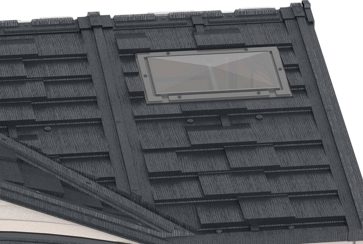 Roof detail of Duramax Vinyl Shed showing textured shingles and a skylight for natural light.