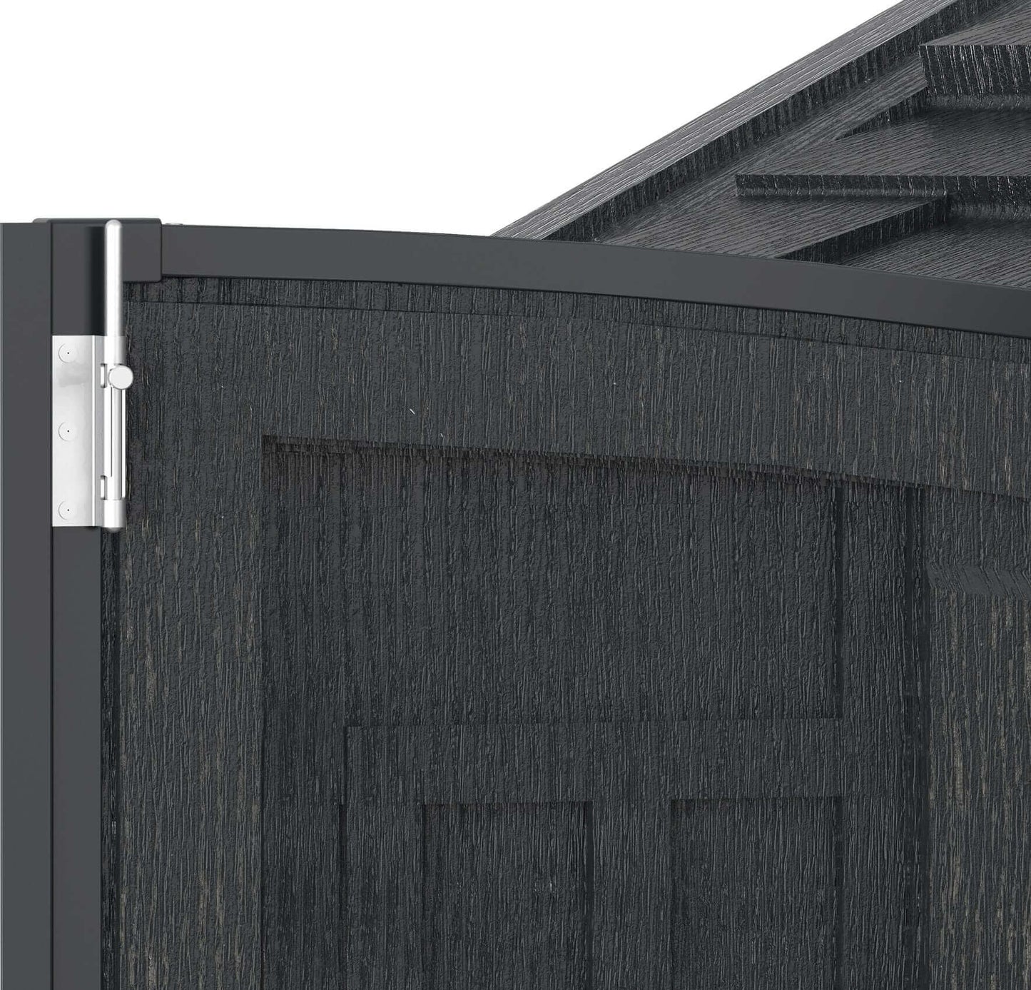 Close-up of the Duramax Vinyl Shed door hinge and textured panel design for durability.